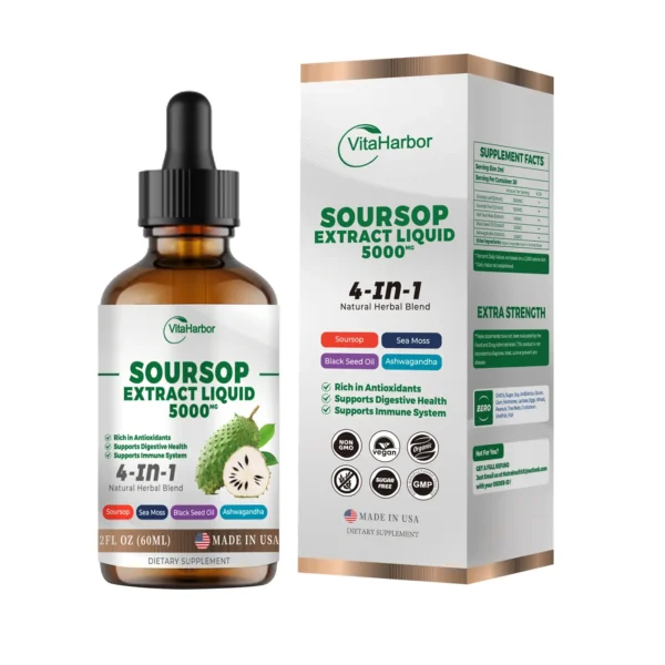 4-in-1 Soursop Liquid Drops, Soursop Leaves Extract with Sea Moss & Black Seed Oil & Ashwagandha, for Immune & Digestive & Cell Support, Sugar-Free | Non-GMO | Vegan (2 Fl oz)