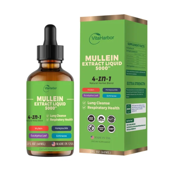 4-in-1 Mullein Drops for Lungs, Organic Mullein Leaf & Honeysuckle & Eucalyptus Leaf & Echinacea Extracts, for Lung Cleanse, Immune & Respiratory Support, Sugar-Free | Non-GMO | Vegan, 2 Fl oz