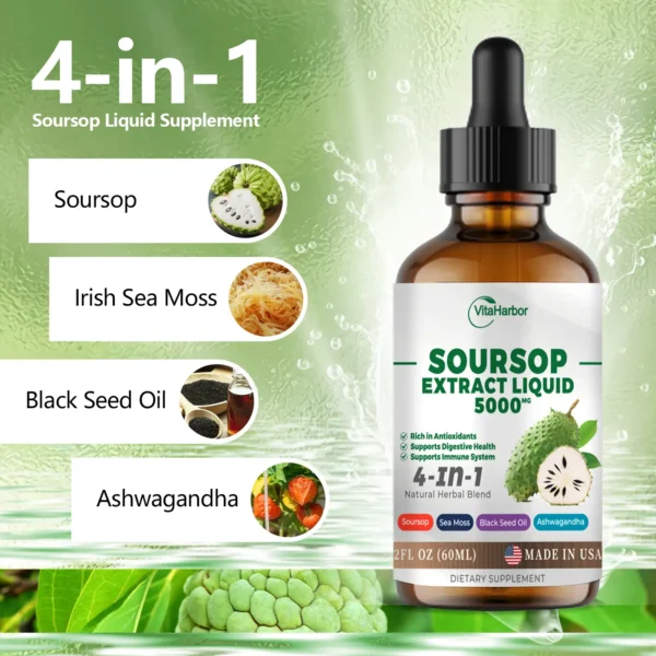 4-in-1 Soursop Liquid Drops, Soursop Leaves Extract with Sea Moss & Black Seed Oil & Ashwagandha, for Immune & Digestive & Cell Support, Sugar-Free | Non-GMO | Vegan (2 Fl oz) - Image 2
