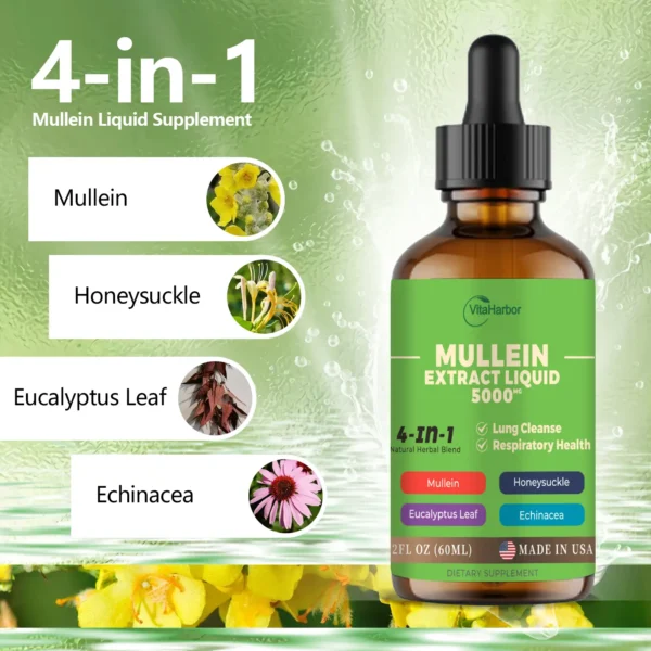 4-in-1 Mullein Drops for Lungs, Organic Mullein Leaf & Honeysuckle & Eucalyptus Leaf & Echinacea Extracts, for Lung Cleanse, Immune & Respiratory Support, Sugar-Free | Non-GMO | Vegan, 2 Fl oz - Image 2