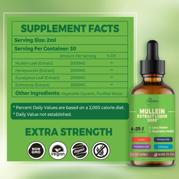 4-in-1 Mullein Drops for Lungs, Organic Mullein Leaf & Honeysuckle & Eucalyptus Leaf & Echinacea Extracts, for Lung Cleanse, Immune & Respiratory Support, Sugar-Free | Non-GMO | Vegan, 2 Fl oz - Image 3