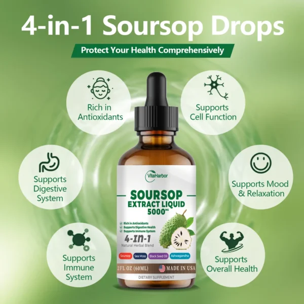 4-in-1 Soursop Liquid Drops, Soursop Leaves Extract with Sea Moss & Black Seed Oil & Ashwagandha, for Immune & Digestive & Cell Support, Sugar-Free | Non-GMO | Vegan (2 Fl oz) - Image 4