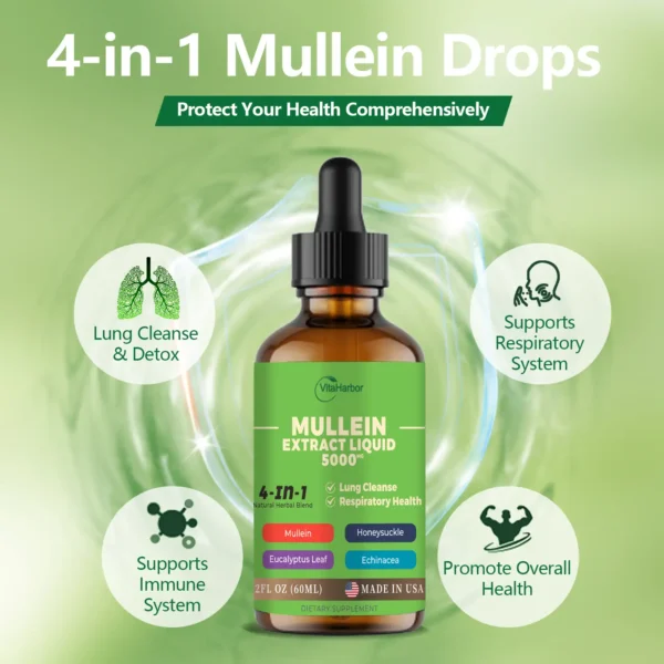 4-in-1 Mullein Drops for Lungs, Organic Mullein Leaf & Honeysuckle & Eucalyptus Leaf & Echinacea Extracts, for Lung Cleanse, Immune & Respiratory Support, Sugar-Free | Non-GMO | Vegan, 2 Fl oz - Image 4