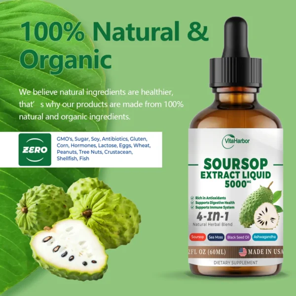 4-in-1 Soursop Liquid Drops, Soursop Leaves Extract with Sea Moss & Black Seed Oil & Ashwagandha, for Immune & Digestive & Cell Support, Sugar-Free | Non-GMO | Vegan (2 Fl oz) - Image 6