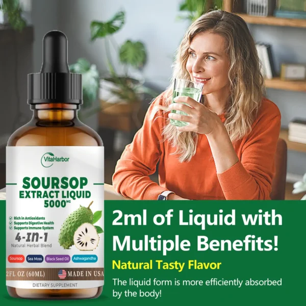 4-in-1 Soursop Liquid Drops, Soursop Leaves Extract with Sea Moss & Black Seed Oil & Ashwagandha, for Immune & Digestive & Cell Support, Sugar-Free | Non-GMO | Vegan (2 Fl oz) - Image 7