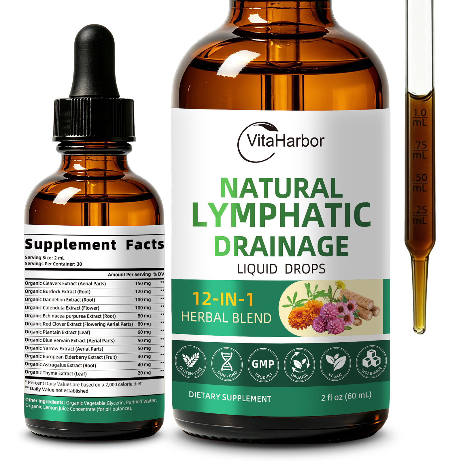 Lymphatic Drainage Supplements, 12-in-1 Lymphatic Drainage Drops with Echinacea, Burdock, Dandelion, Cleavers, Elderberry, Calendula & More for Lymphatic Support & Immune Support, 2 FL OZ