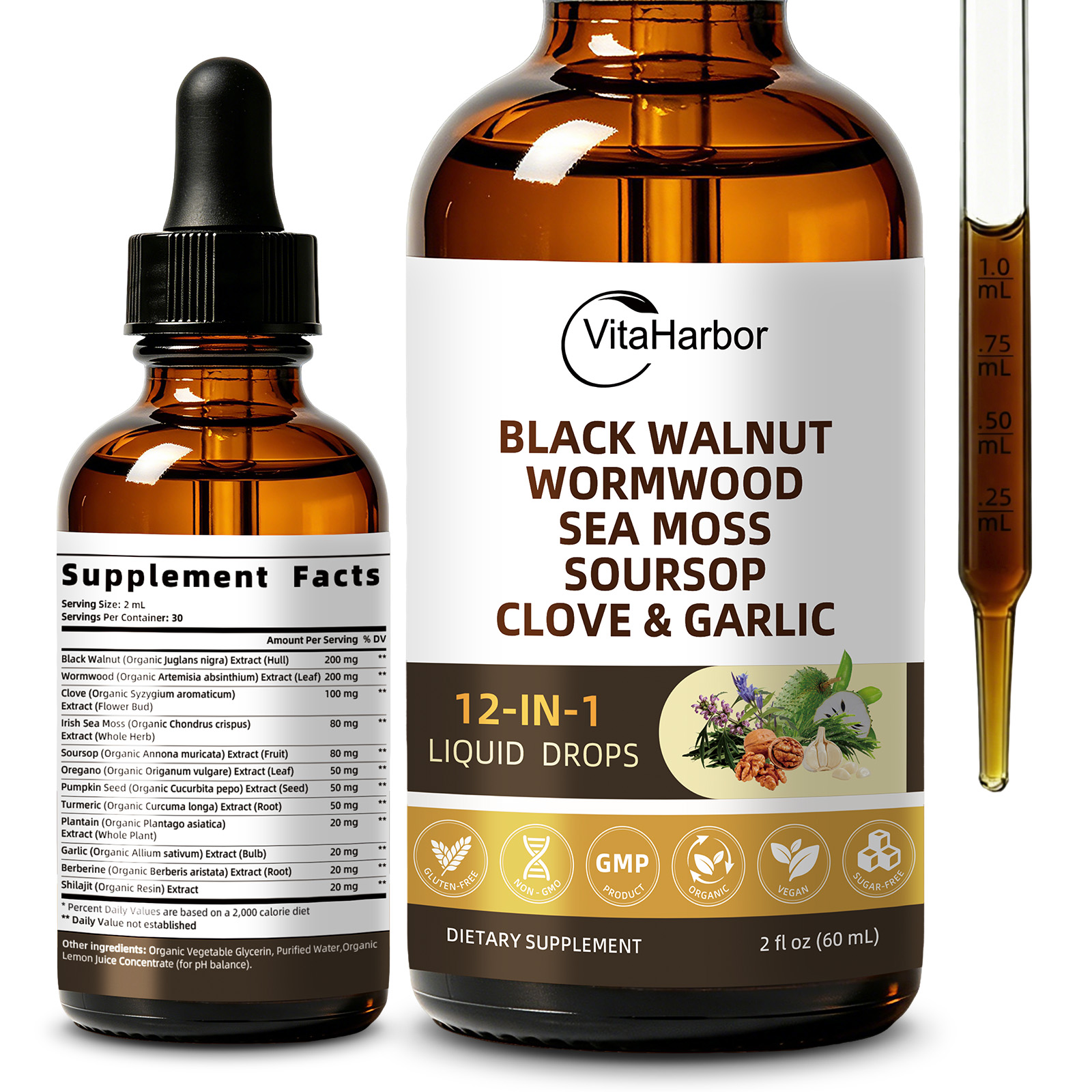 Wormwood Black Walnut Clove Cleanse Drops for Humans – 12 in 1 Herbal Liquid Extract with Soursop, Irish Sea Moss, Pumpkin Seed, Oregano, Turmeric, Garlic, Berberine, Shilajit & Plantain