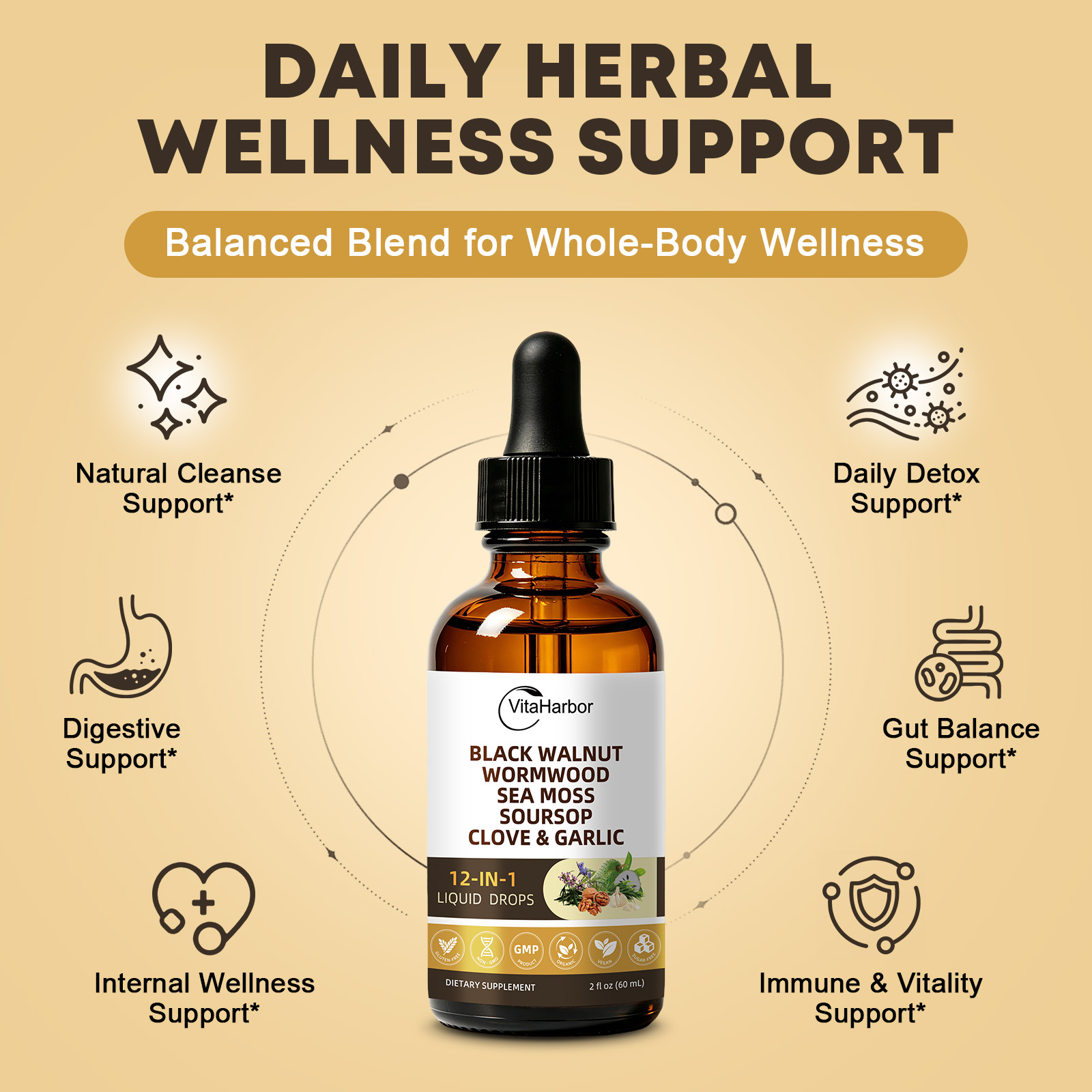 Wormwood Black Walnut Clove Cleanse Drops for Humans – 12 in 1 Herbal Liquid Extract with Soursop, Irish Sea Moss, Pumpkin Seed, Oregano, Turmeric, Garlic, Berberine, Shilajit & Plantain - Image 4