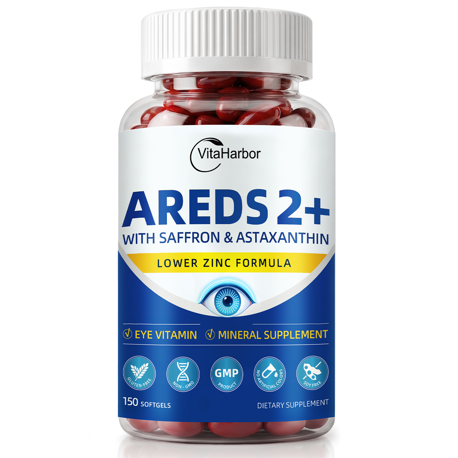 AREDS 2 Eye Vitamin & Mineral Supplement, Low Zinc Formula, with Vitamin C, Vitamin E, Zinc 25 mg, Copper, Lutein & Zeaxanthin, Eye Health Supplement for Adults, 150 Vegan Softgels