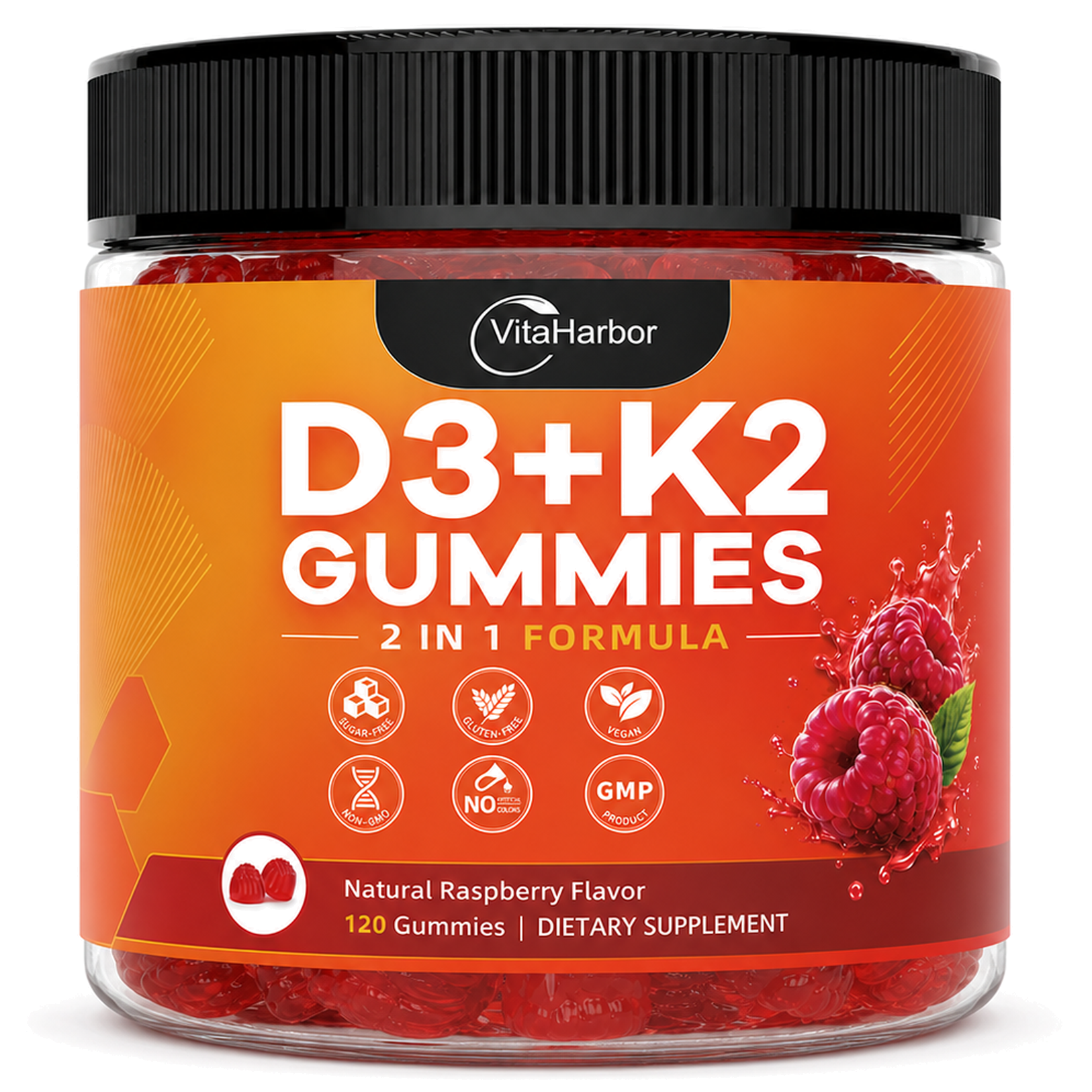 Vitamin D3 K2 Gummies, Vegan, Sugar Free, Non-GMO, Gluten-Free,120 Cts (Raspberry Flavor)