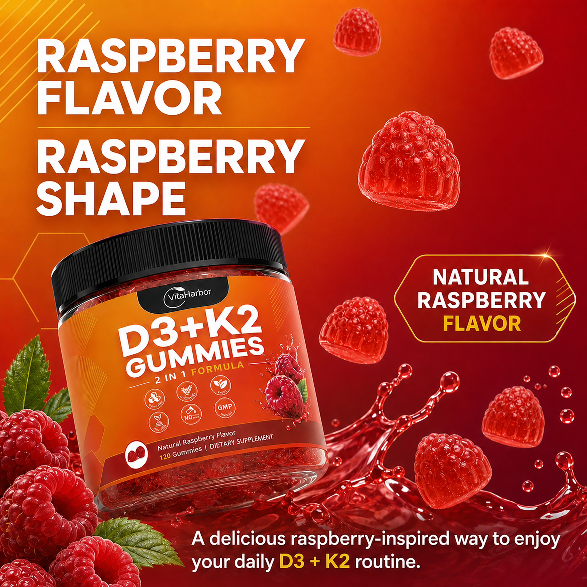 Vitamin D3 K2 Gummies, Vegan, Sugar Free, Non-GMO, Gluten-Free,120 Cts (Raspberry Flavor) - Image 4