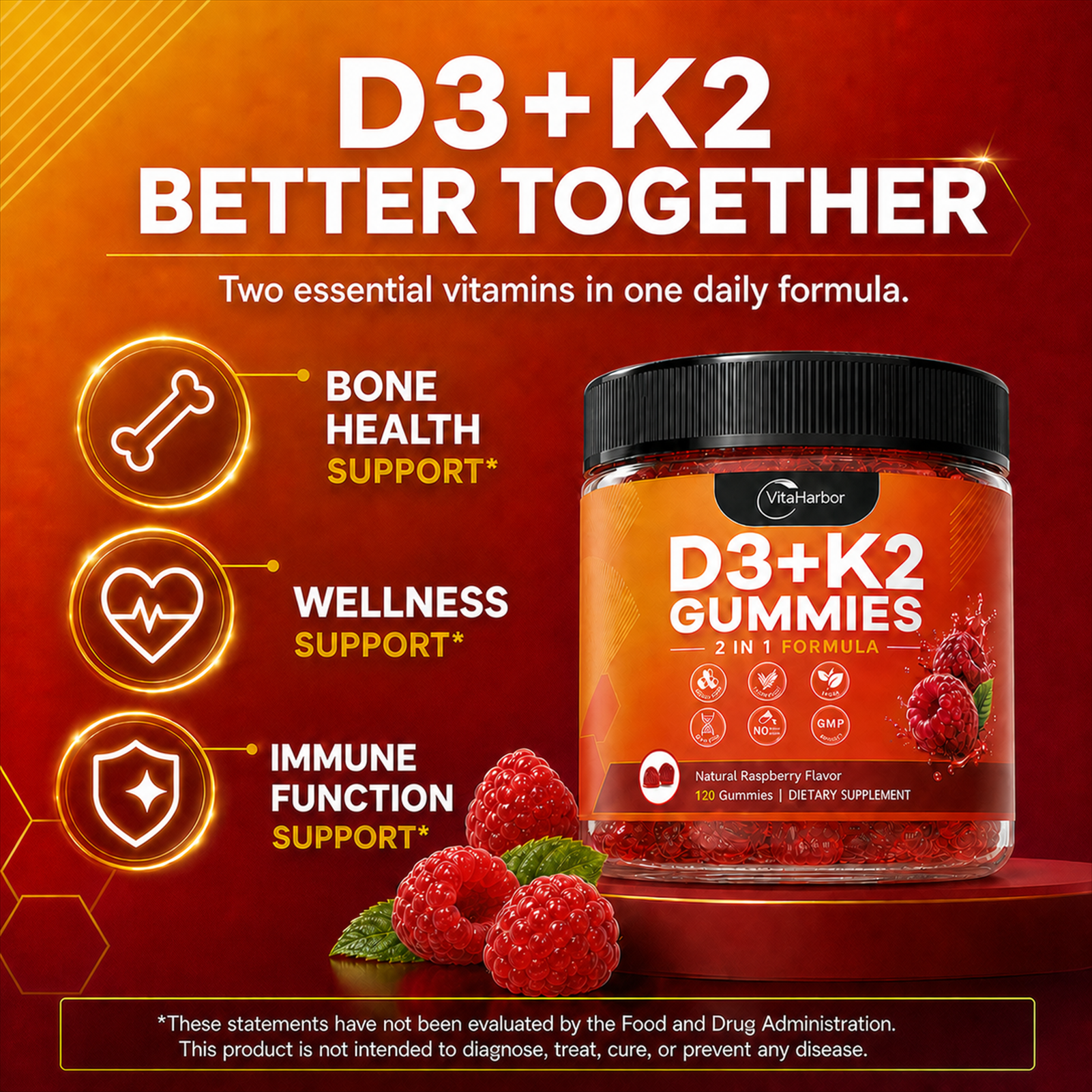 Vitamin D3 K2 Gummies, Vegan, Sugar Free, Non-GMO, Gluten-Free,120 Cts (Raspberry Flavor) - Image 5