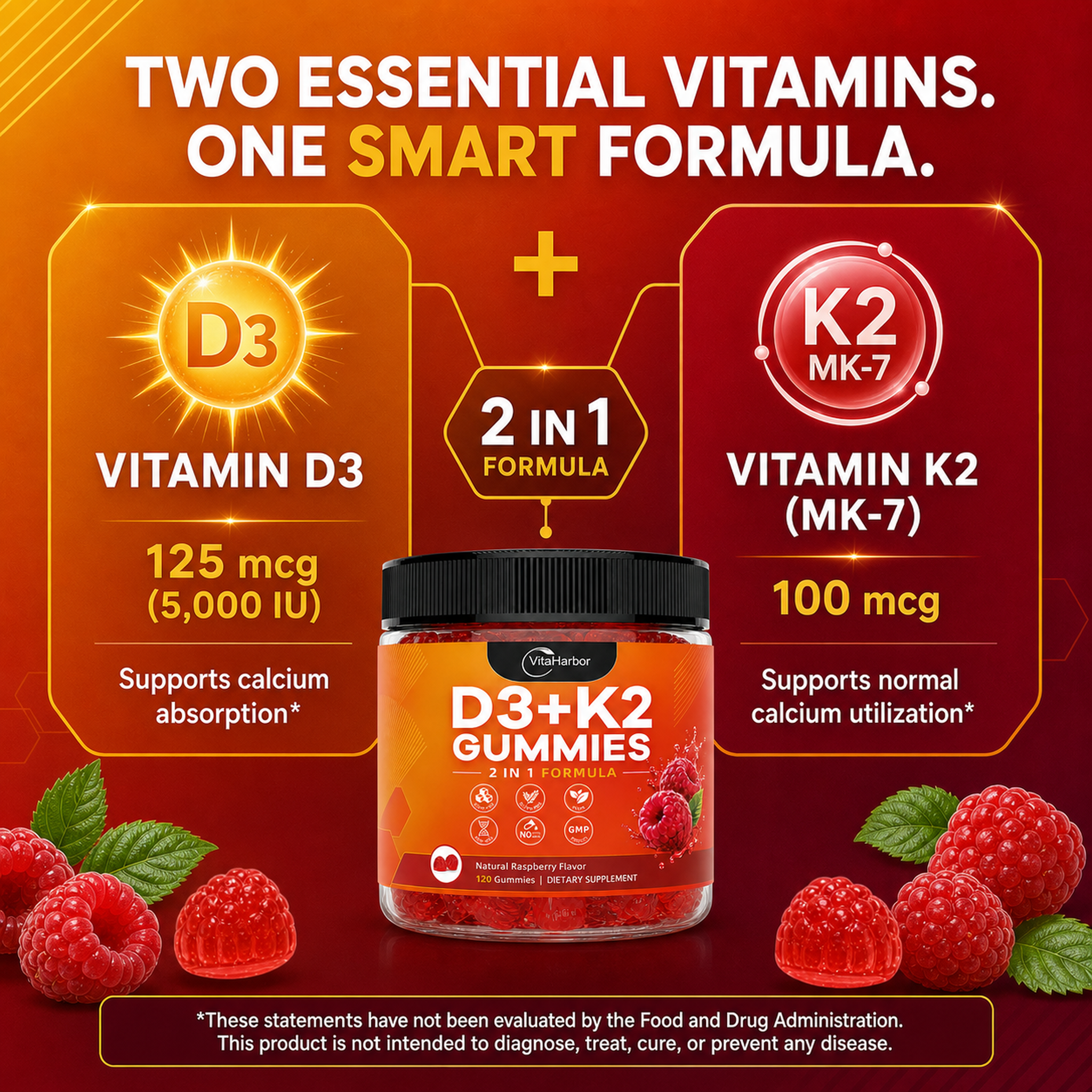 Vitamin D3 K2 Gummies, Vegan, Sugar Free, Non-GMO, Gluten-Free,120 Cts (Raspberry Flavor) - Image 6