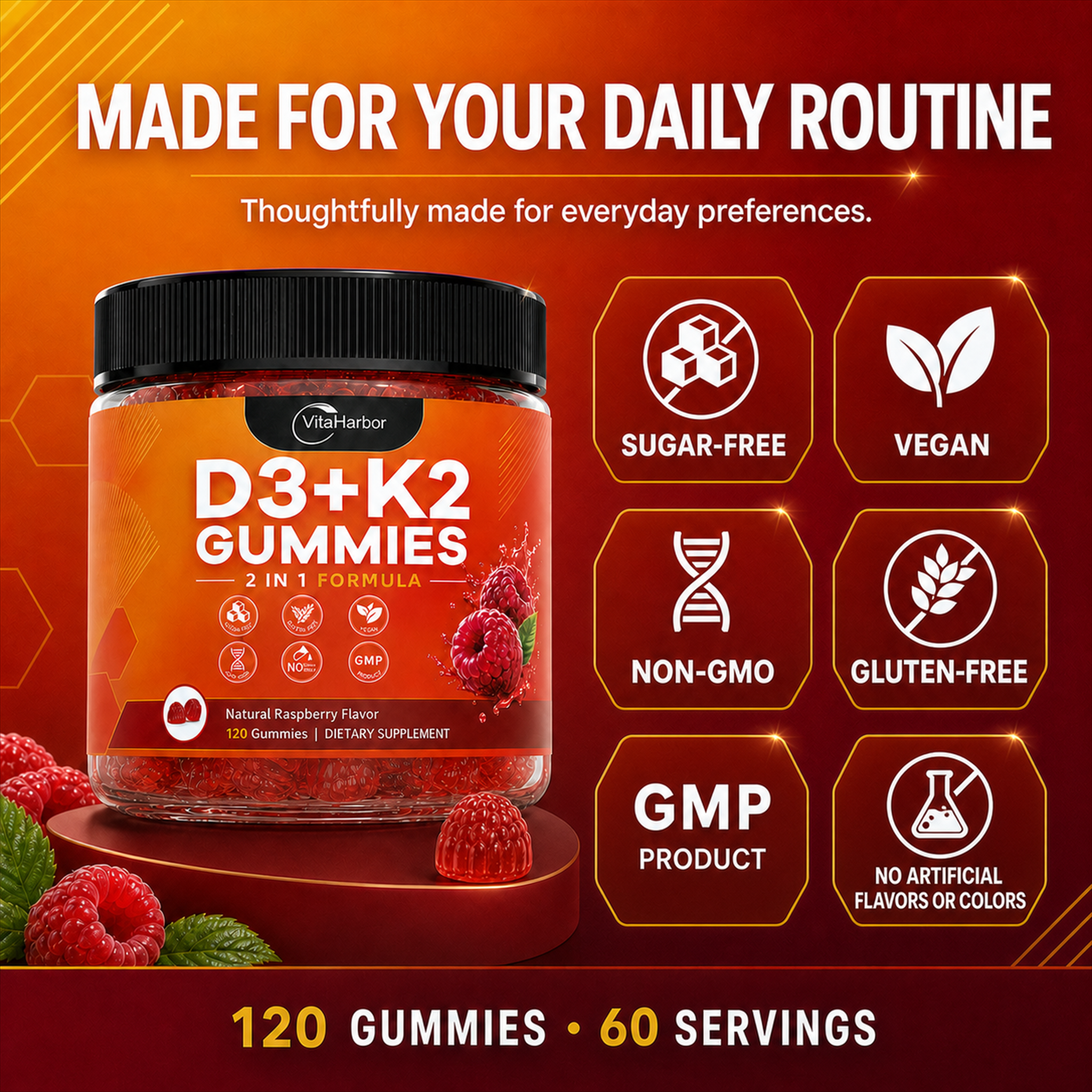 Vitamin D3 K2 Gummies, Vegan, Sugar Free, Non-GMO, Gluten-Free,120 Cts (Raspberry Flavor) - Image 7